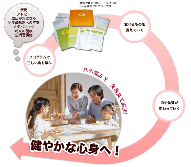 通信指導の流れのご説明。1プログラムで正しい「食」を学ぶ。(体質改善1分間シートを使った3ヶ月のプログラムをご用意。)2食べるものを変えていく。3血や体質が変わっていく。4健やかな体へ!